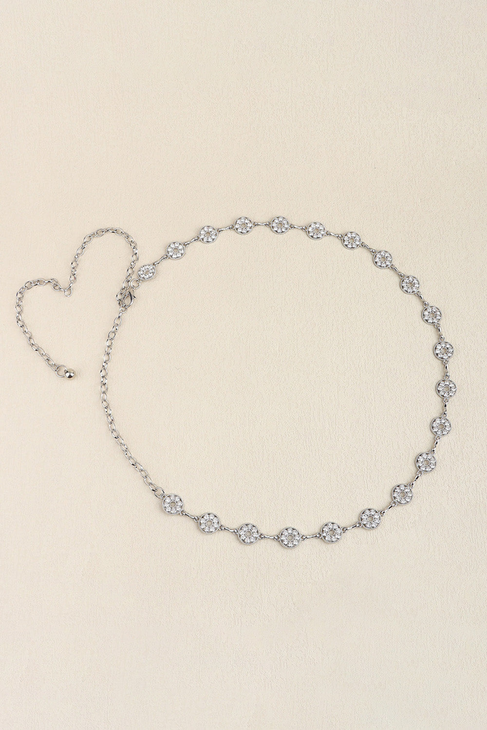Silver celestial chainmail waist belt with crystal accents and adjustable chain.