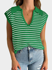 Green ribbed knit polo vest with white stripes and a deep V-neck.