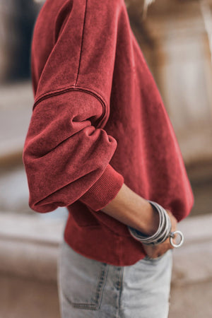 Acid wash mock neck sweatshirt in Deep Red with cuffed sleeves and ribbed hem.