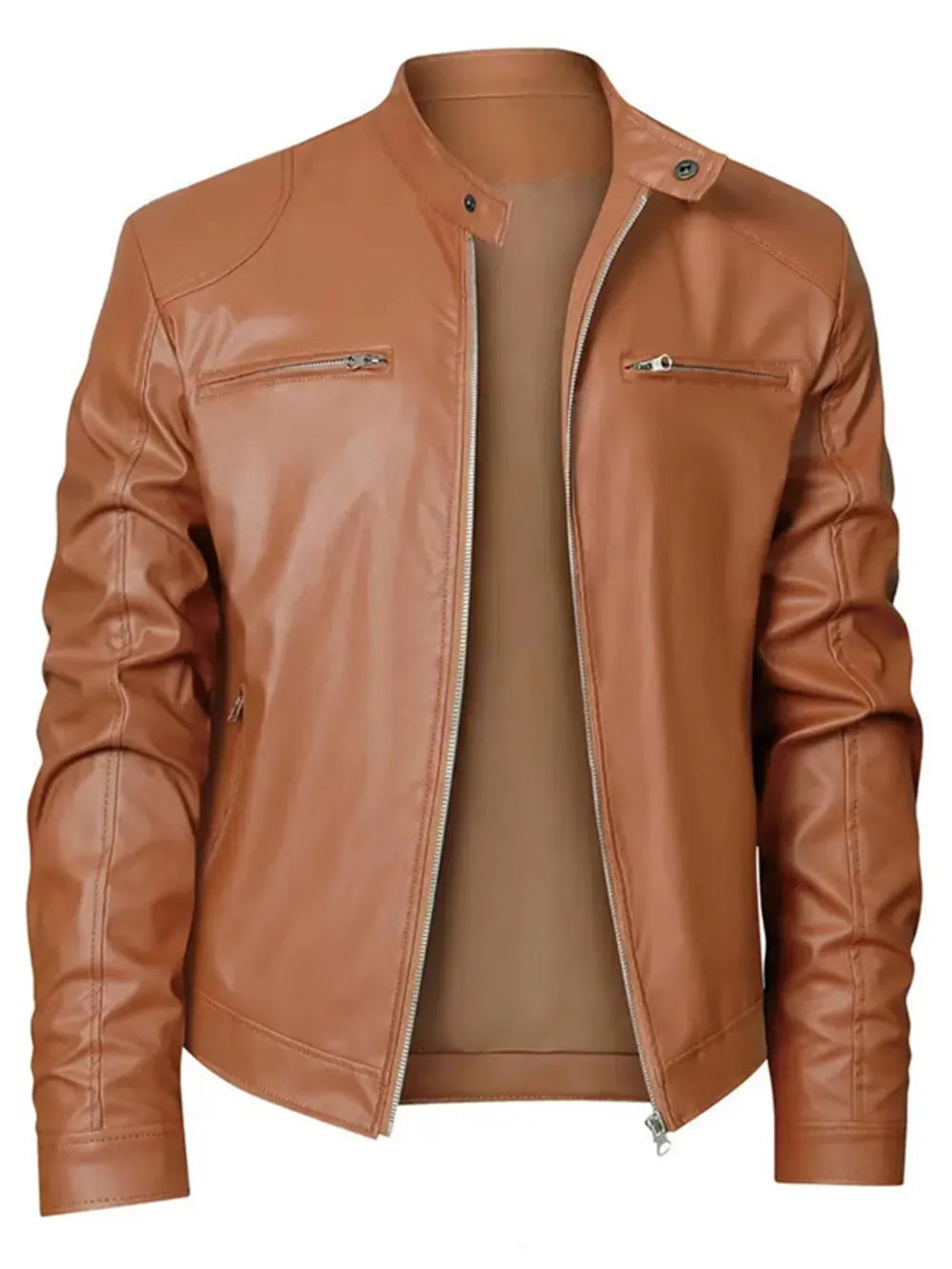 Brown PU zip-up jacket with stand-up collar and zippered chest pockets.