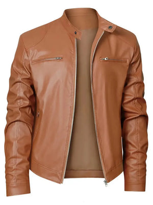 Brown PU zip-up jacket with stand-up collar and zippered chest pockets.