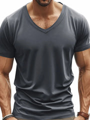 Dark Gray V-neck t-shirt with a modern muscle fit and short sleeves.
