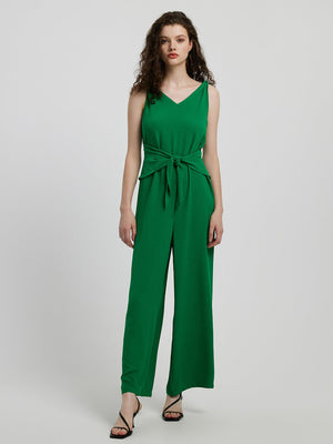 Emerald green tie-waist wide leg jumpsuit with V-neck and sleeveless design
