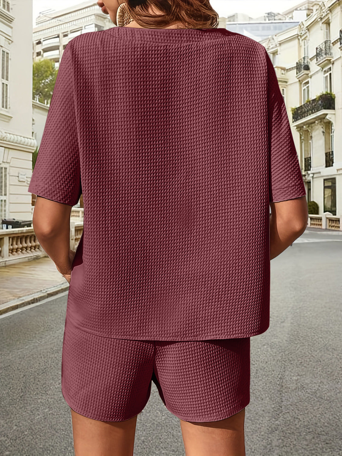 Burgundy waffle knit drawstring co-ord set with short sleeves and shorts.
