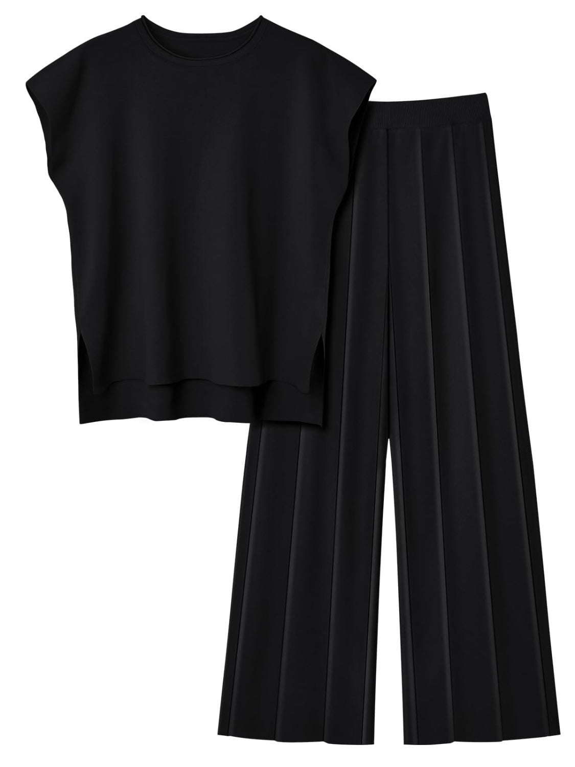 Black seamed knit wide-leg co-ord set with cap sleeve top and pleated pants