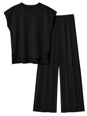 Black seamed knit wide-leg co-ord set with cap sleeve top and pleated pants