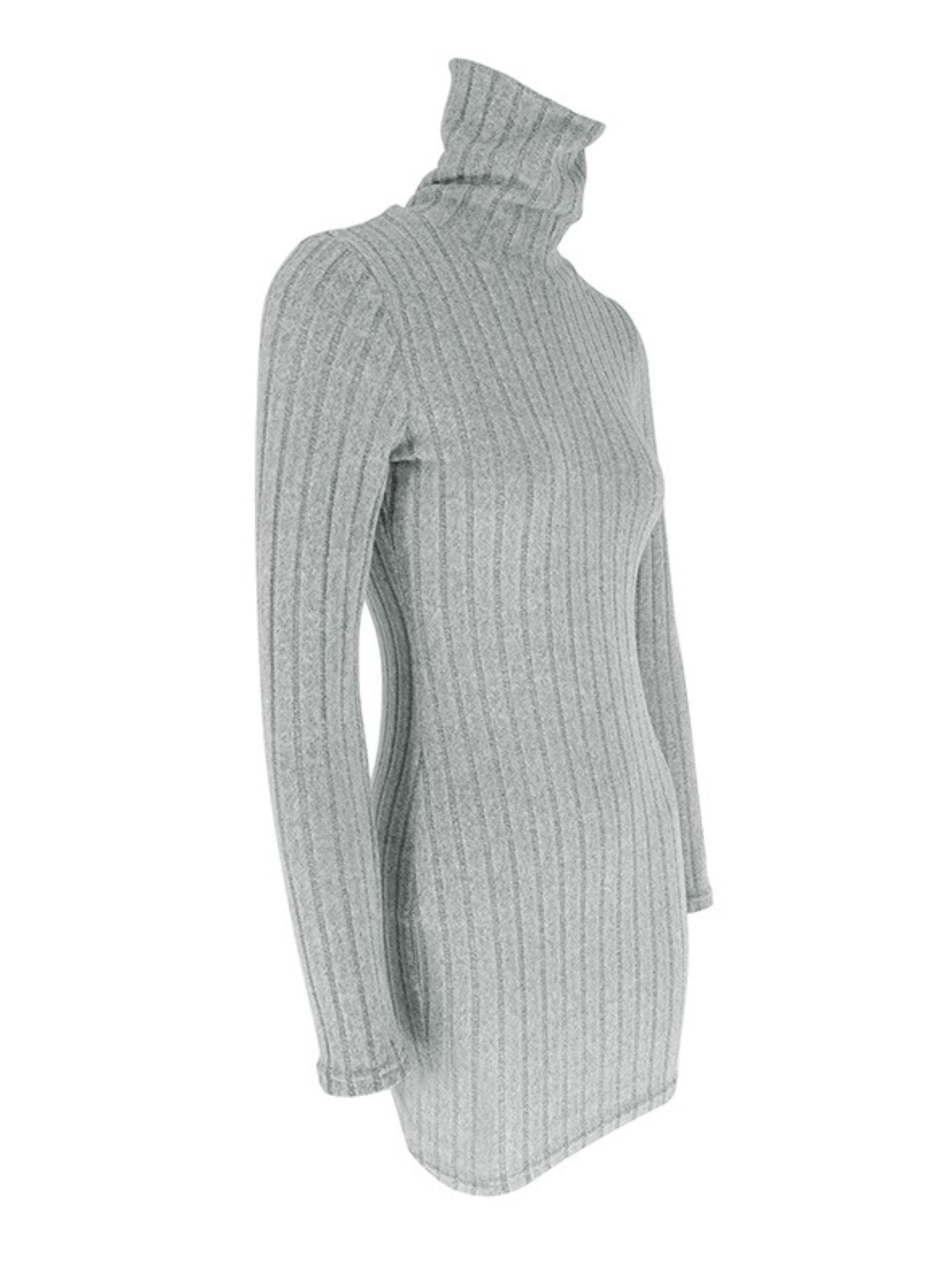 Grey ribbed turtleneck bodycon mini dress with long sleeves.