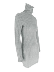 Grey ribbed turtleneck bodycon mini dress with long sleeves.