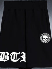 Black Gothic Script Graphic Shorts with skull logo detail