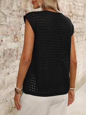 Black open-knit sleeveless cardigan with a relaxed fit and a tie-front detail.
