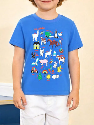 Blue t-shirt with a playful farm alphabet graphic featuring animals, a house, and a tractor.