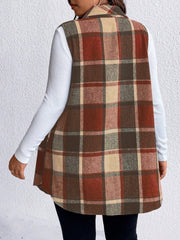 Oversized plaid shirt vest in brown and rust tones, featuring a buttoned front and collar.