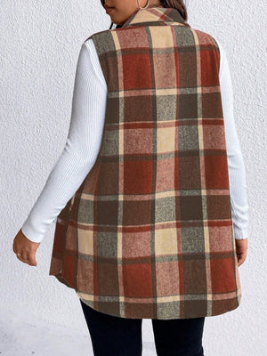 Oversized plaid shirt vest in brown and rust tones, featuring a buttoned front and collar.