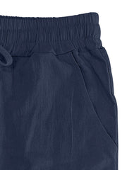 Navy blue drawstring sweatpants with elastic waistband and side pocket detail.