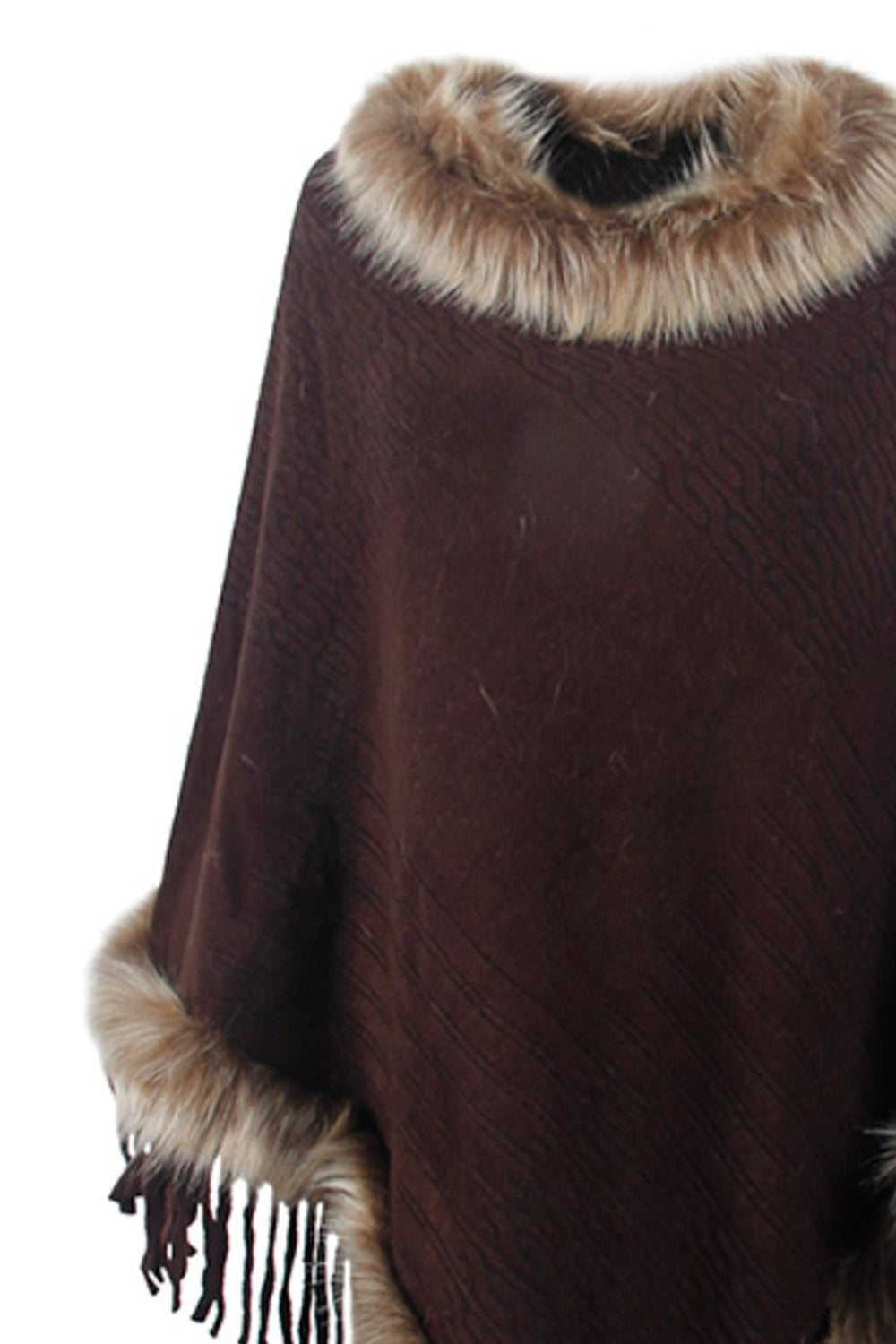 Chocolate textured knit poncho with faux fur trim and fringe detail