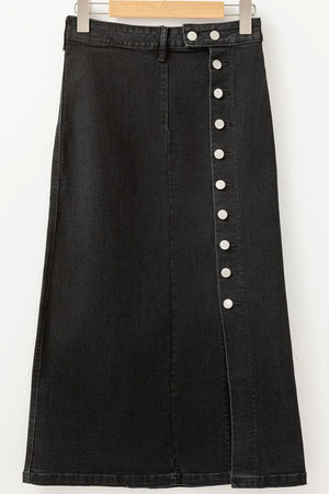 Black denim midi skirt with button front and side slit