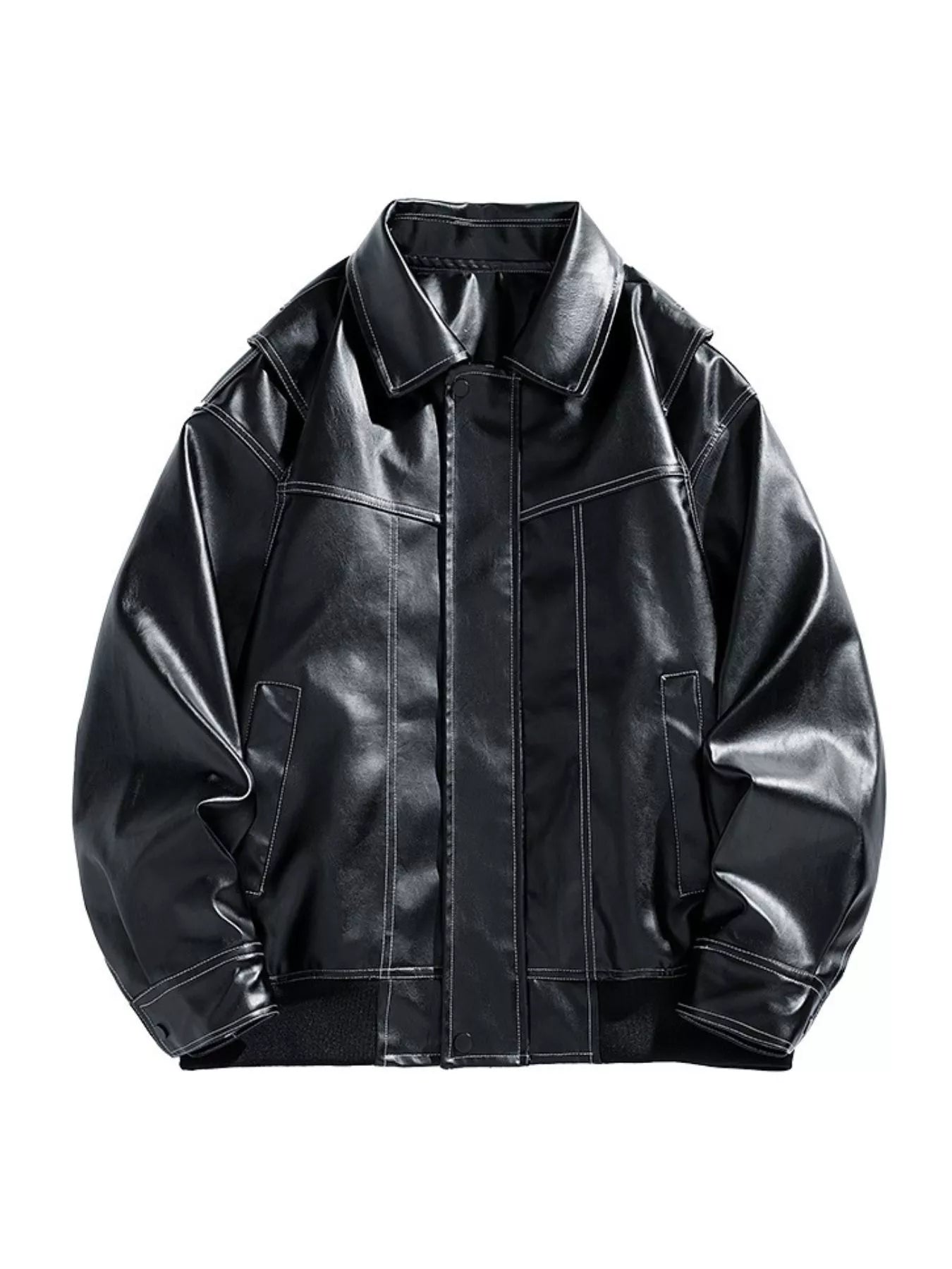 Black oversized leather bomber jacket with white contrast stitching and zip-up front.