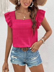 Hot Pink textured square neck blouse with ruffle sleeves