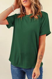Dark green t-shirt with rolled short sleeves and a crew neck.