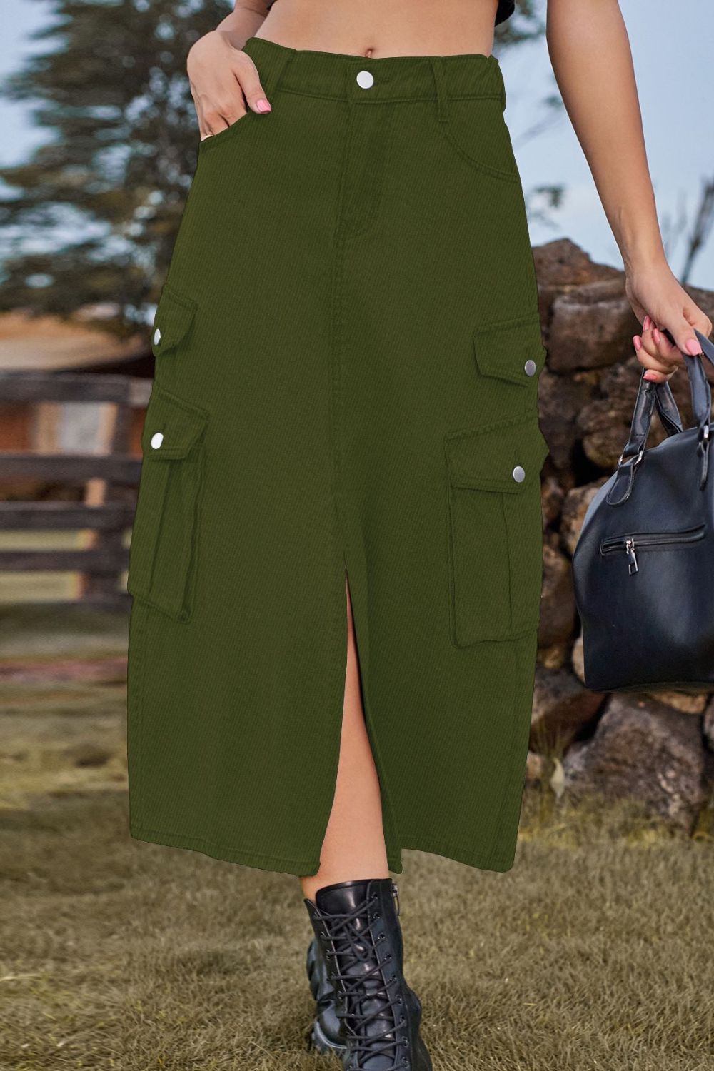 Army green denim midi skirt with cargo pockets and front slit