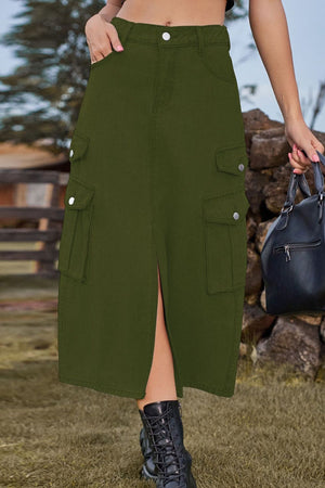 Army green denim midi skirt with cargo pockets and front slit