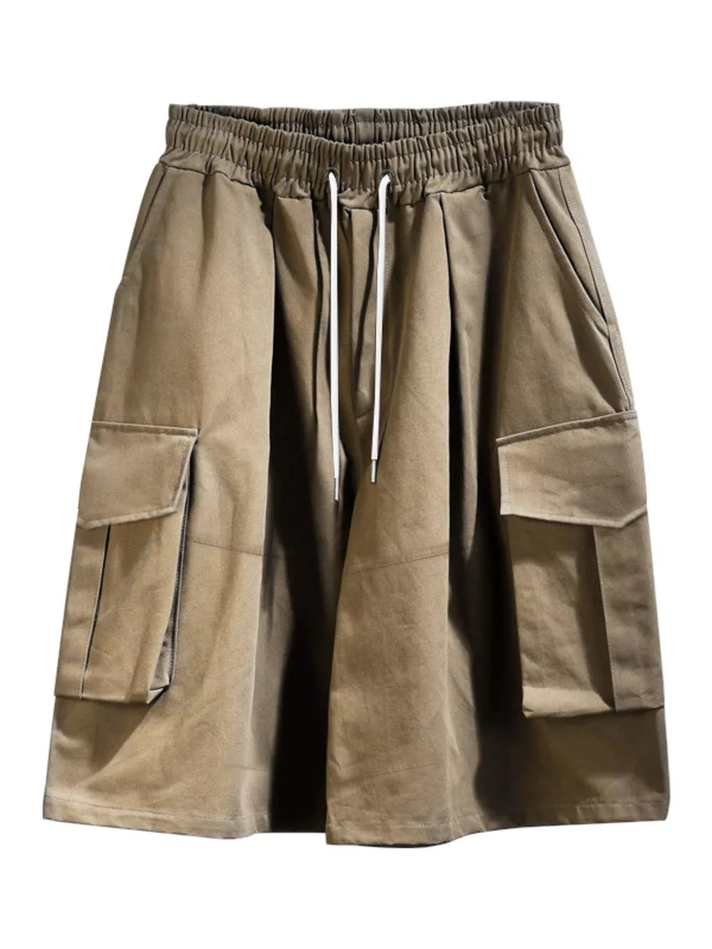 Men's Full Size Cargo Shorts With Drawstring Waist in Khakis, close-up detail