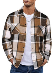 Men's brown plaid cotton button-up shirt with two chest pockets and black buttons.