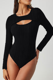 Black ribbed long sleeve bodysuit with a keyhole cutout neckline.