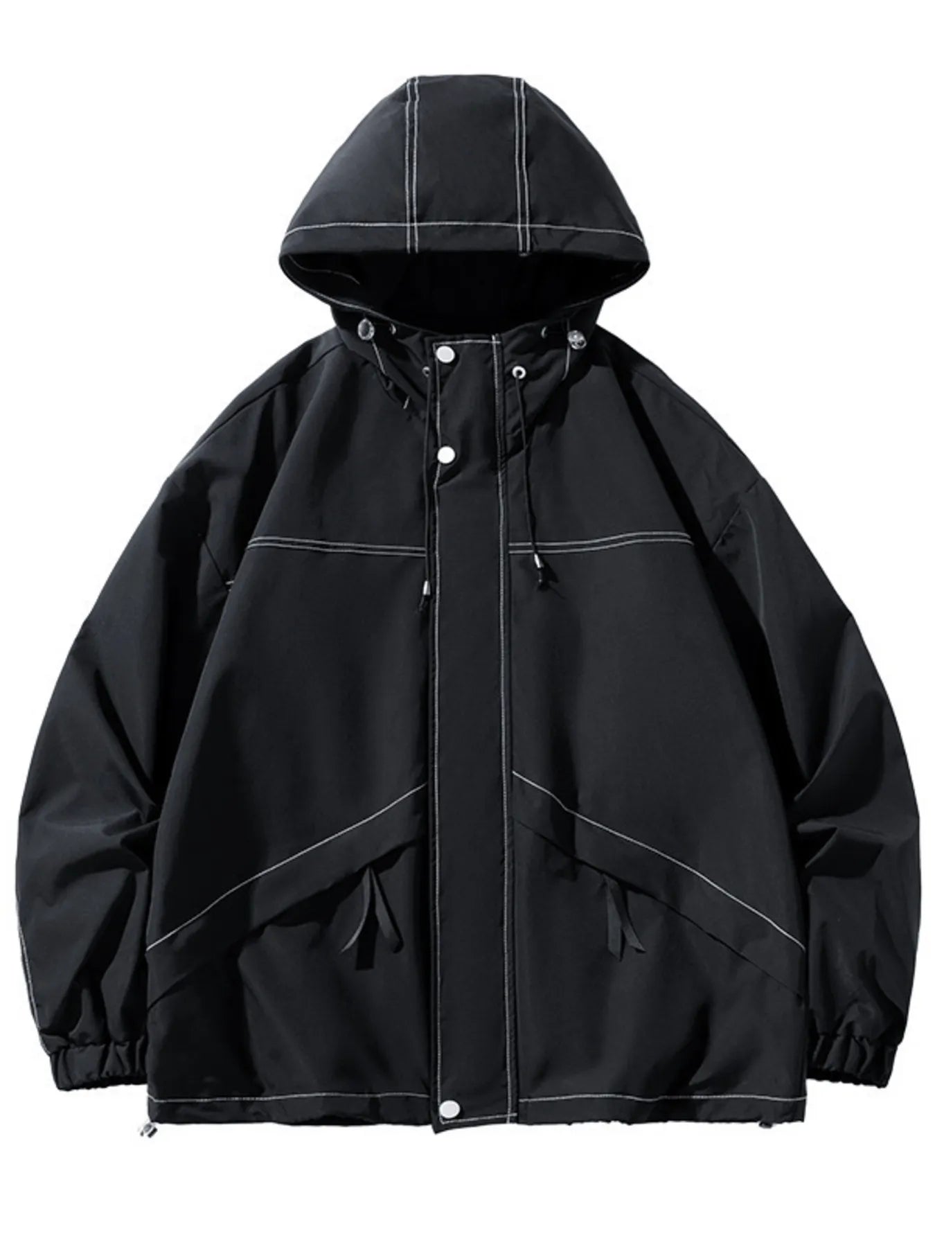 Black oversized hooded zip jacket with contrast stitching and drawstring details.