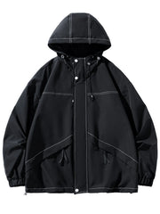 Black oversized hooded zip jacket with contrast stitching and drawstring details.