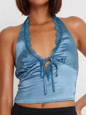 Deep Teal satin halter tie top with lace trim and a keyhole detail.