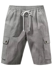 Men's light gray textured drawstring cargo shorts with button flap pockets.