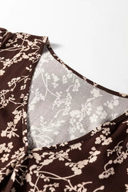 Ditsy Floral Print Split Neck Mini Dress in Coffee Brown, product detail