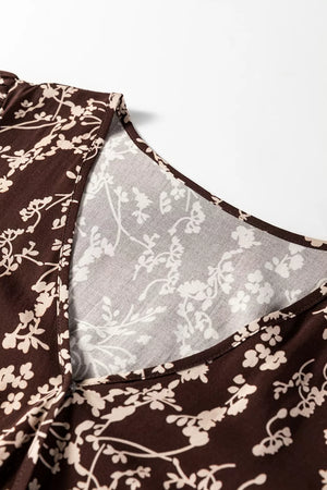 Ditsy Floral Print Split Neck Mini Dress in Coffee Brown, product detail