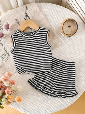 Children S Striped Tank And Shorts Set in Black, front view