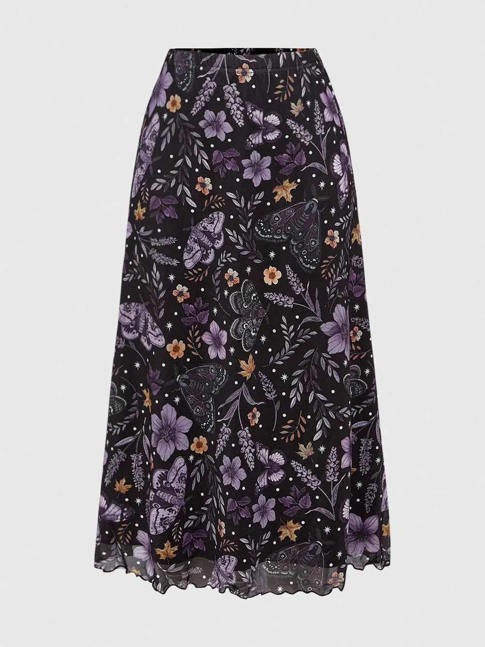 Black midi skirt with a whimsical floral and butterfly print and scalloped hem