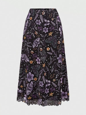 Black midi skirt with a whimsical floral and butterfly print and scalloped hem