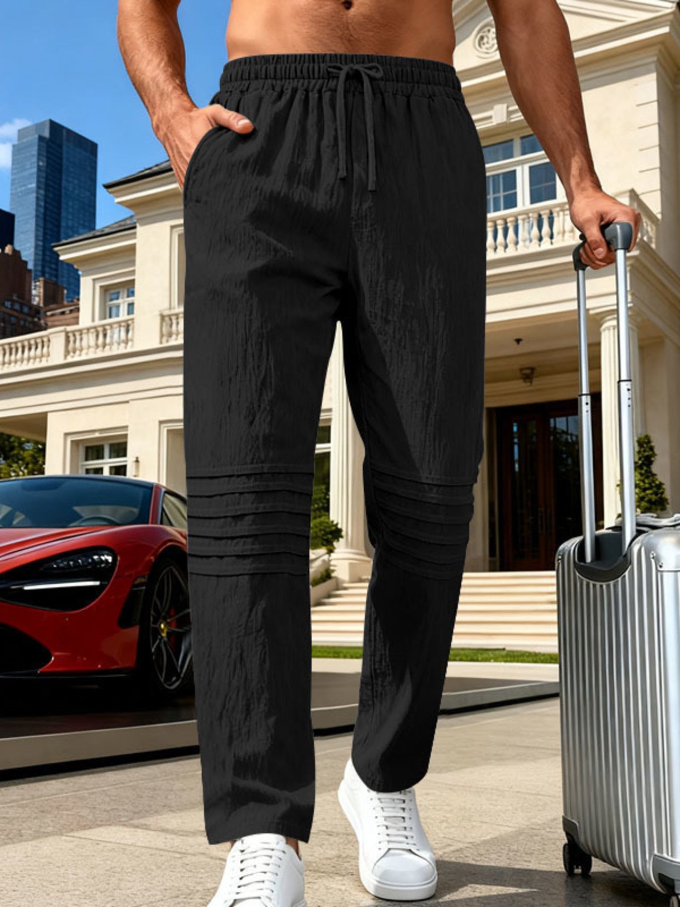 Men's black linen-blend drawstring sweatpants with pleated detail