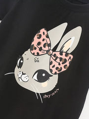 Black toddler t-shirt with a playful bunny graphic and pink leopard print bow.