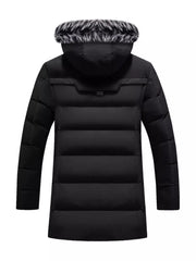 Men's black longline padded coat with faux fur trim hood and horizontal quilting.
