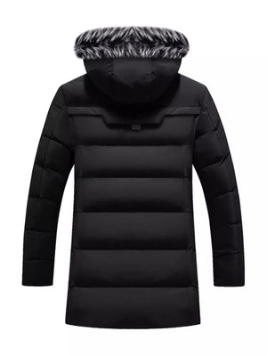 Men's black longline padded coat with faux fur trim hood and horizontal quilting.