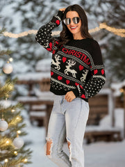 Black round neck sweater with Christmas reindeer and heart pattern