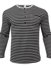 Men's Full Size Striped Long Sleeve Henley T-shirt in White, side view