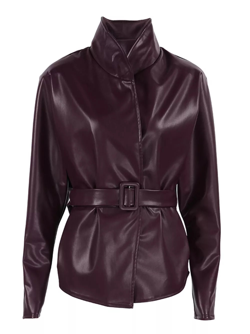 Stand Collar Belted Faux Leather Jacket in Wine Red, view 16
