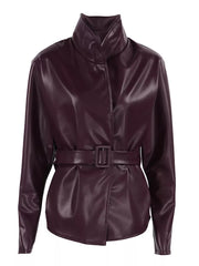 Stand Collar Belted Faux Leather Jacket in Wine Red, view 16