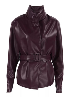 Stand Collar Belted Faux Leather Jacket in Wine Red, view 16