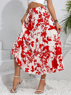 Crimson floral tiered midi skirt with a drawstring waist and ruffled hem.
