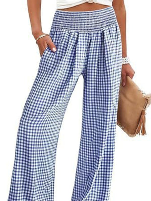 Blue gingham smocked high-waist wide-leg pants with pockets.