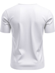 White V-neck tee with short sleeves and a notched collar detail.