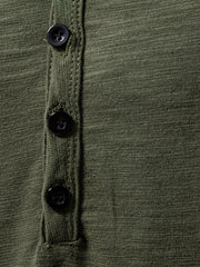 Men's Army Green Cotton Blend Button Placket T-Shirt with curved hem detail